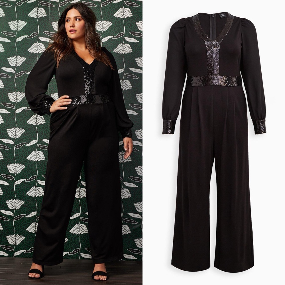 NWT Torrid X Sylvia Mollie Black Ponte Sequin Trim V-Neck Jumpsuit